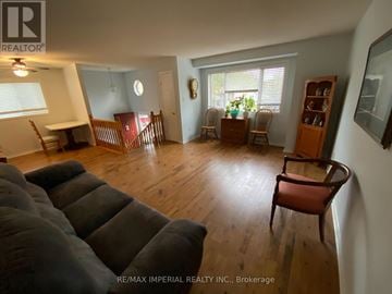 Kawartha Lakes (Bobcaygeon) apartment for rent - A living room with a grey couch and wooden floors.