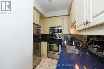 Mississauga (City Centre) condo for rent - A kitchen with a blue counter top and stainless steel appliances.