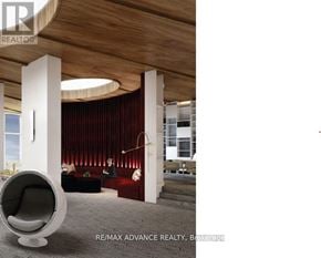 Toronto (Agincourt South-Malvern West) condo for rent - A modern living room with a red curtain and a round chair.