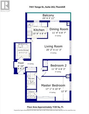 Markham (Thornhill) condo for rent - A floor plan for 7451 Yonge St., Suite 202, Thornhill is shown with dimensions for each room.