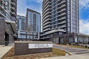 Mississauga (Hurontario) condo for rent - A sign that says "PERLA" in front of a building.