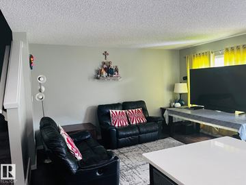 Edmonton apartment for rent - A living room with a black leather couch and a television.