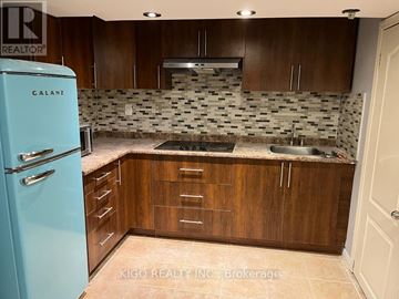 Kitchener apartment for rent - A kitchen with a blue fridge and wooden cabinets.