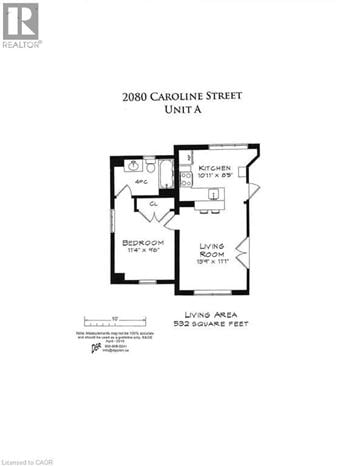 Burlington apartment for rent - A floor plan for a unit at 2080 Caroline Street shows a living area, a bedroom, and a kitchen.