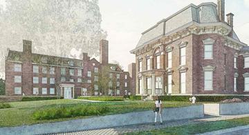 Cleveland apartment for rent - A large red brick building with a green roof and a woman standing in front of it.