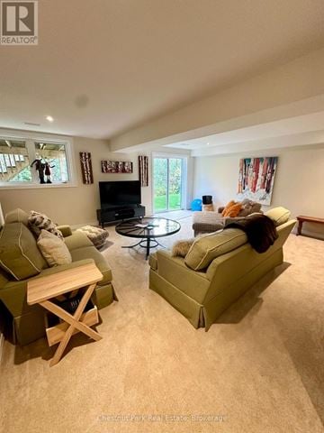 Collingwood townhouse for rent - A living room with a green couch and a wooden table.