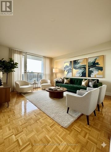 Toronto (University) condo for rent - A living room with a green couch and a painting on the wall.