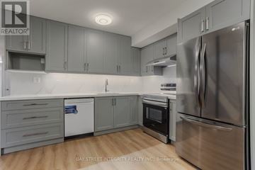Toronto (Kensington-Chinatown) apartment for rent - A modern kitchen with stainless steel appliances and grey cabinets.