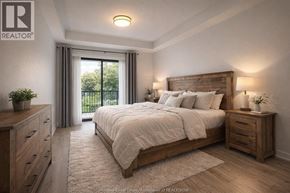 Windsor condo for rent - A bedroom with a large bed, wooden furniture, and a window with curtains.