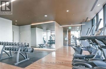Barrie (City Centre) condo for rent - A gym with a row of treadmills on the right and a row of dumbbells on the left.