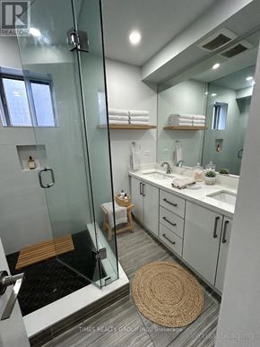 Toronto (Annex) multi-family for rent - A bathroom with a glass shower stall and a sink with a mirror above it.