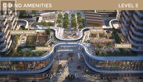 Vaughan (Vaughan Corporate Centre) condo for rent - A rendering of the grand amenities at the top of a building, including an outdoor theatre, fire pits, a dog area, and a BBQ area.