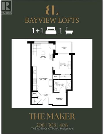 Ottawa condo for rent - A real estate listing for Bayview Lofts shows a floor plan for a loft with a living room, dining room, kitchen, and two bathrooms.