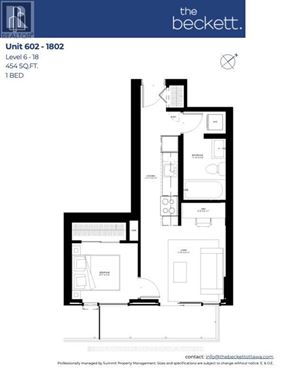 Ottawa condo for rent - A floor plan for a 1 bedroom apartment at The Beckett.