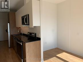 Ottawa condo for rent - A kitchen with a black countertop and wooden cabinets.