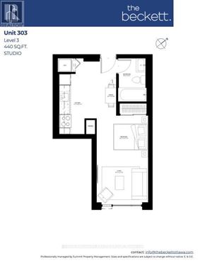 Ottawa condo for rent - A floor plan for a studio apartment at Unit 303, Level 3, with a total area of 440 SQ.FT.
