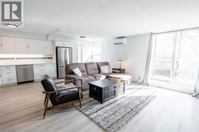 Sarnia condo for rent - A living room with a brown couch and a black chair.