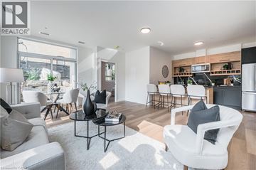Waterloo condo for rent - A modern living room with white furniture and a large window.