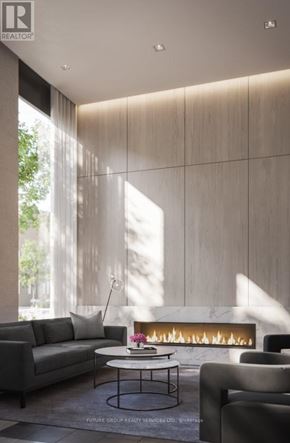 Hamilton (Beasley) condo for rent - A modern living room with a fireplace and a grey sofa.