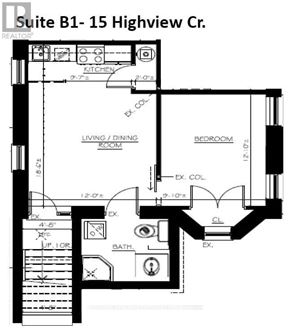 Toronto (Corso Italia-Davenport) fourplex for rent - A black and white image of a floor plan for Suite B1-15 Highview Cr.
