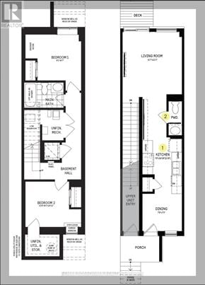 Ottawa townhouse for rent - A floor plan of a house with two bedrooms, a living room, a basement hall, and a porch.