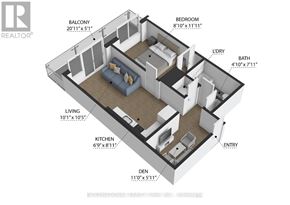 Toronto (Henry Farm) condo for rent - A 3D floor plan of a small apartment with a living room, kitchen, den, bedroom, bathroom, and balcony.