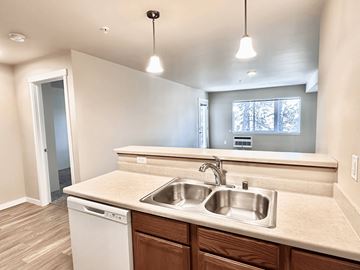 Spokane apartment for rent - A kitchen with a white dishwasher and a double sink.