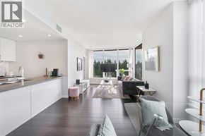 Vancouver apartment for rent - A modern living room with a kitchen area in the background.