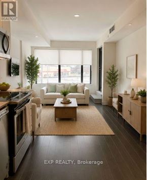Toronto (Cliffcrest) condo for rent - The entrance to a building with a glass door and a sign that reads "EXP REALTY, Brokerage".