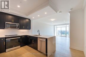 London North (North R) condo for rent - A modern kitchen with black cabinets and stainless steel appliances.