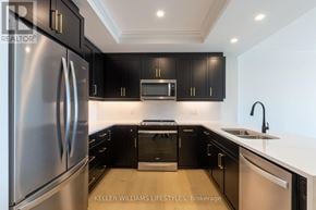 London North (North R) condo for rent - A modern kitchen with black cabinets and stainless steel appliances.
