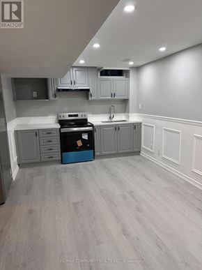 Whitchurch-Stouffville (Stouffville) apartment for rent - A kitchen with grey cabinets and a blue box on the counter.