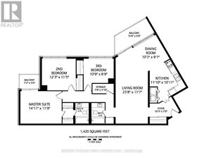 Toronto (Englemount-Lawrence) condo for rent - A black and white image of a floor plan for a home with a living room, dining room, kitchen, and three bedrooms.