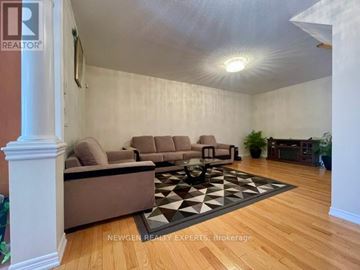 Brampton (Bram East) apartment for rent - A living room with a brown couch and a black and white rug.