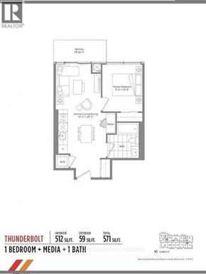 Toronto (York University Heights) condo for rent - A floor plan for a 1 bedroom, media, and 1 bath apartment.