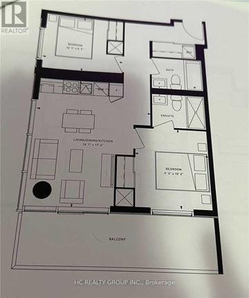 Vaughan (Vaughan Corporate Centre) condo for rent - A floor plan of an apartment with a living room, kitchen, and two bedrooms.