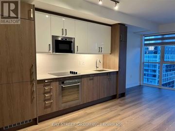 Toronto (Church-Yonge Corridor) condo for rent - A modern kitchen with wooden cabinets and a large window.