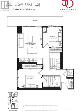Toronto (Church-Yonge Corridor) condo for rent - A black and white image of a floor plan for a 710 square foot 2-bedroom suite.