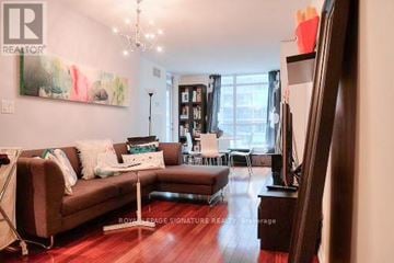 Toronto (Niagara) condo for rent - A living room with a brown couch and a painting on the wall.