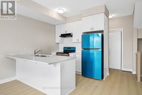 Ottawa condo for rent - A kitchen with a white counter and a blue fridge.