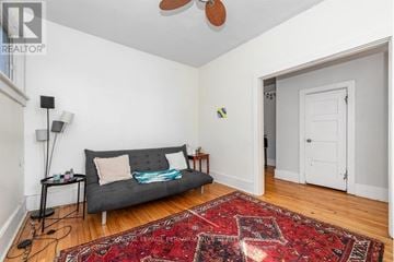 Ottawa triplex for rent - A living room with a grey couch and a red rug.