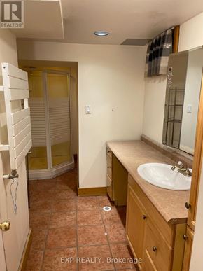 Caledon (Cheltenham) apartment for rent - A bathroom with a sink, mirror, and a shower with a glass door.