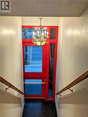 Hamilton apartment for rent - A chandelier hangs over a red door in a hallway.