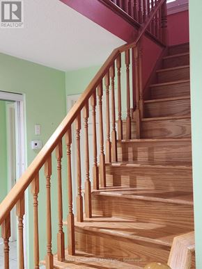 Toronto (Rouge) apartment for rent - A wooden staircase with a green wall on the side.