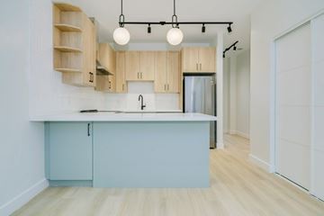 Toronto apartment for rent - A kitchen with a blue counter and wooden cabinets.