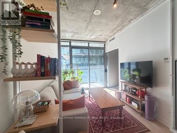 Toronto (Waterfront Communities) condo for rent - A living room with a red rug and a flat screen TV.