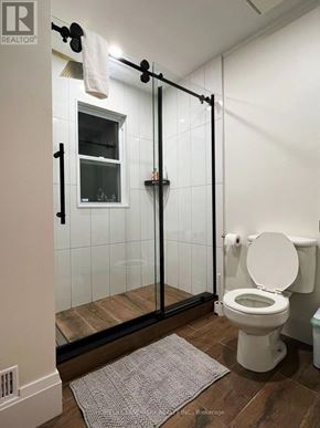 Niagara Falls (Hospital) apartment for rent - A white toilet in a bathroom with a glass shower door.