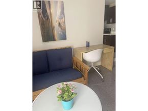 Vancouver apartment for rent - A blue couch sits in a room with a white table in front of it.