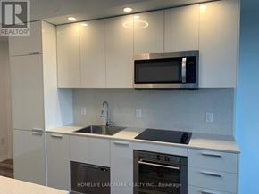 Toronto (Willowdale West) condo for rent - A kitchen with white cabinets and a black microwave.