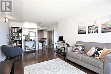 Brampton (Sandringham-Wellington) condo for rent - A living room with a grey couch and a white rug.